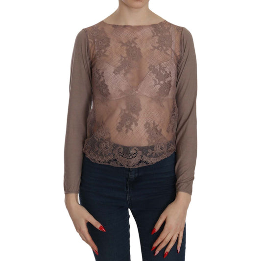 PINK MEMORIES Brown Lace See Through Long Sleeve Top PINK MEMORIES