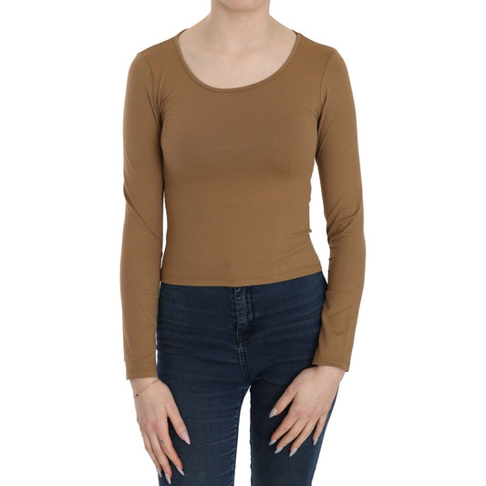 GF Ferre Brown Long Round Neck Sleeve Fitted Shirt Tops Blouse GF Ferre