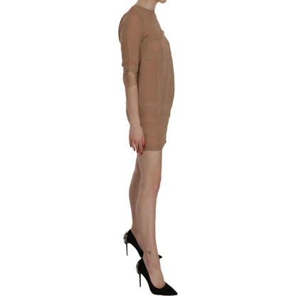 PINK MEMORIES Brown 3/4 Sleeve Crewneck Shift Mini Dress
