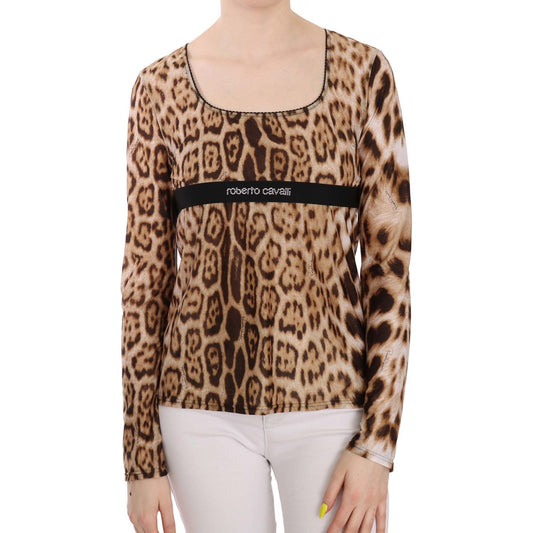Roberto Cavalli Brown Round Neck Leopard Women Top Blouse Roberto Cavalli