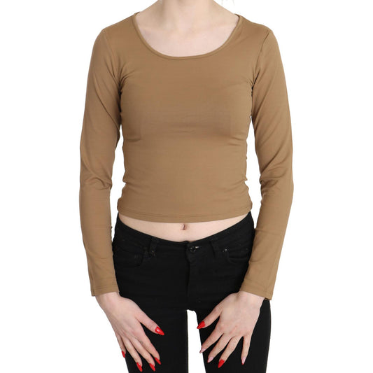 GF Ferre Brown Round Neck Long Sleeve Slim Crop Top Blouse GF Ferre