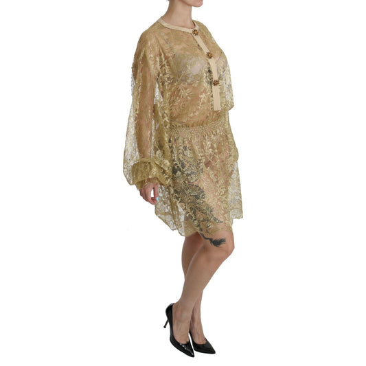 Dolce & Gabbana Gold Lace See Through A-Line Knee Length Dress