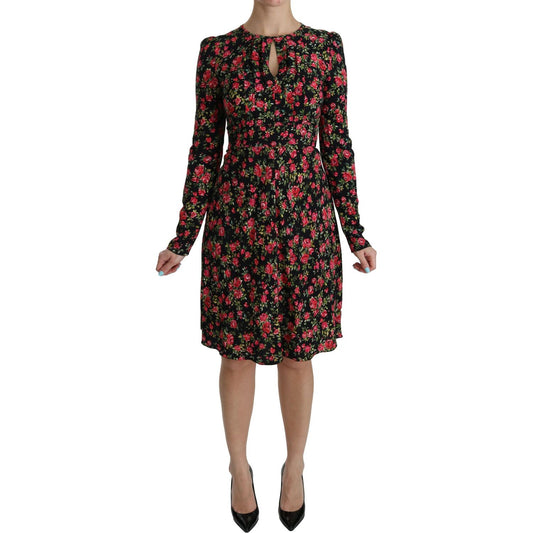 Dolce & Gabbana Black Floral Longsleeve Knee Length Dress Dolce & Gabbana