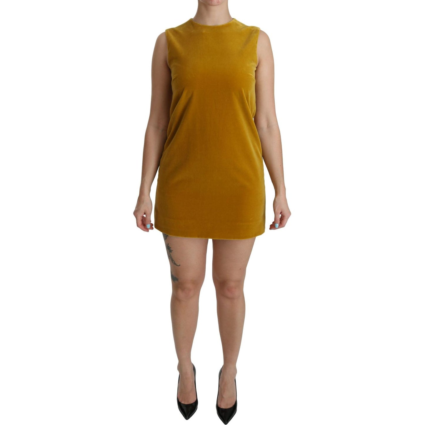 Dolce & Gabbana Mustard Velvet Stretch Shift Mini Dress Dolce & Gabbana