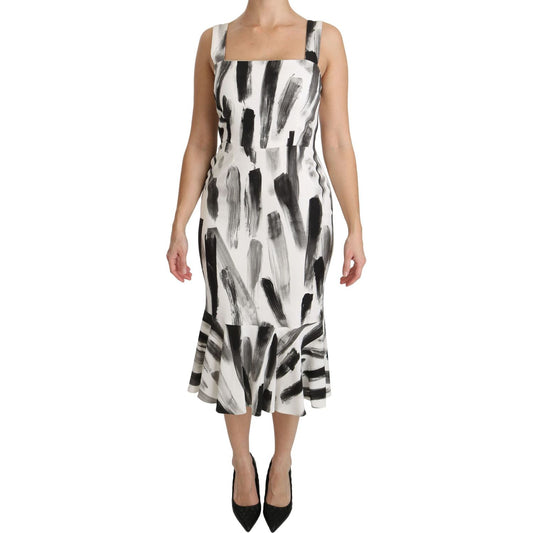 Dolce & Gabbana White Black Printed Sheath Midi Viscose Dress Dolce & Gabbana