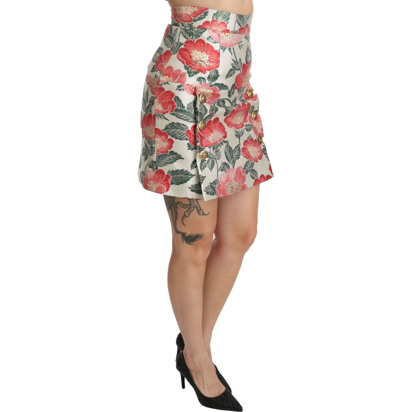 Dolce & Gabbana White Green Red Floral High Waist Mini Skirt