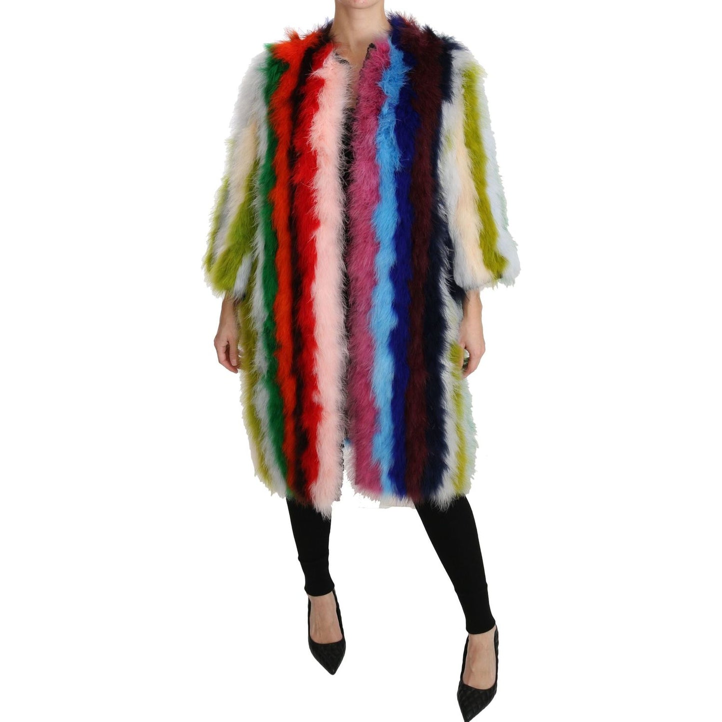 Dolce & Gabbana Multicolor Turkey Feather Cape Fur Coat 1% Elastane,1% Nylon,14% Acetate,15% Rayon,1728,67345645728,9% Cotton,Clothing,Coats - Jackets & Coats - Clothing,Dolce & Gabbana,IT42|M,IT44|L,IT46|XL,Jackets & Coats - Clothing,Jackets & Coats - Wo