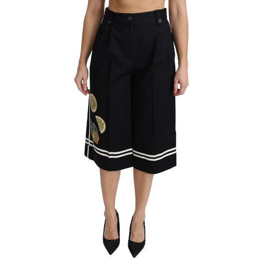Dolce & Gabbana Black Lemon Embellished Palazzo Cropped Pants