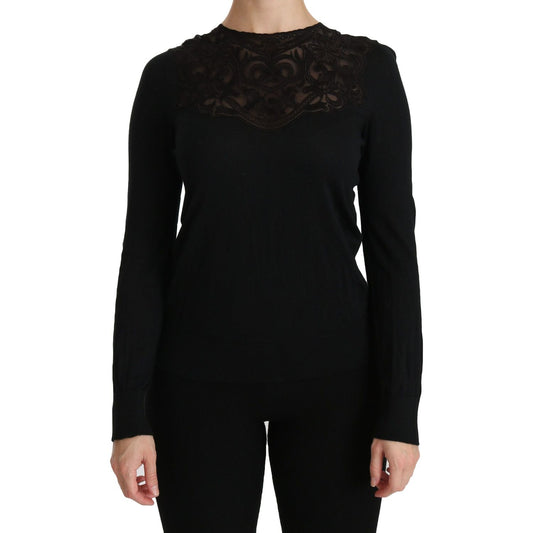 Dolce & Gabbana Black Silk Lace Crew Neck Long Sleeve Blouse Dolce & Gabbana