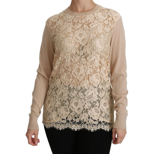 Dolce & Gabbana Beige Lace Long Sleeve Top Cashmere Blouse Dolce & Gabbana