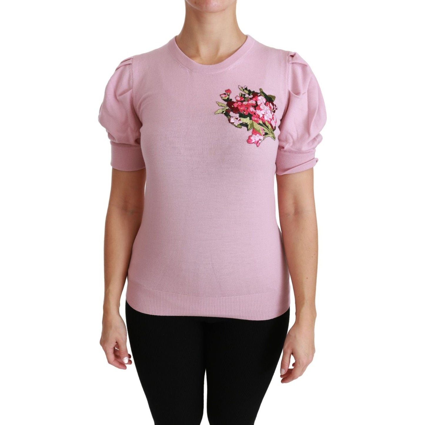 Dolce & Gabbana Pink Floral Embroidered Blouse Wool Top Dolce & Gabbana