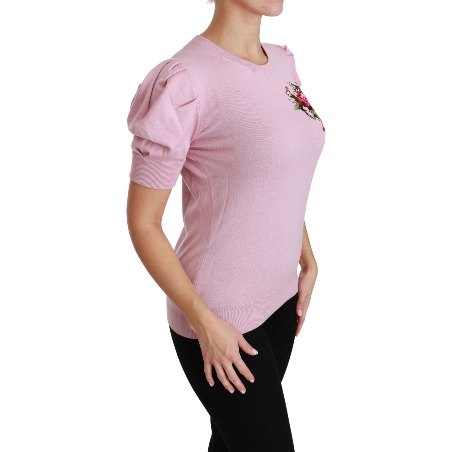 Dolce & Gabbana Pink Floral Embroidered Blouse Wool Top Dolce & Gabbana