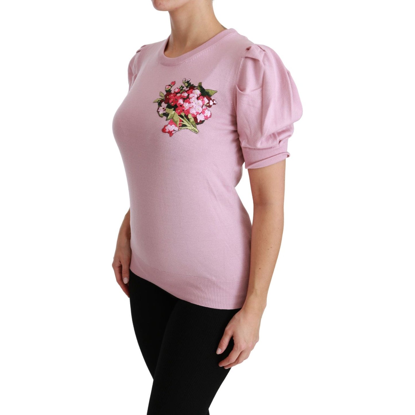 Dolce & Gabbana Pink Floral Embroidered Blouse Wool Top Dolce & Gabbana