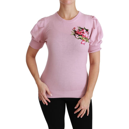 Dolce & Gabbana Pink Floral Embroidered Blouse Wool Top Dolce & Gabbana