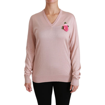 Dolce & Gabbana Pink Floral Embellished Pullover Silk Sweater Dolce & Gabbana