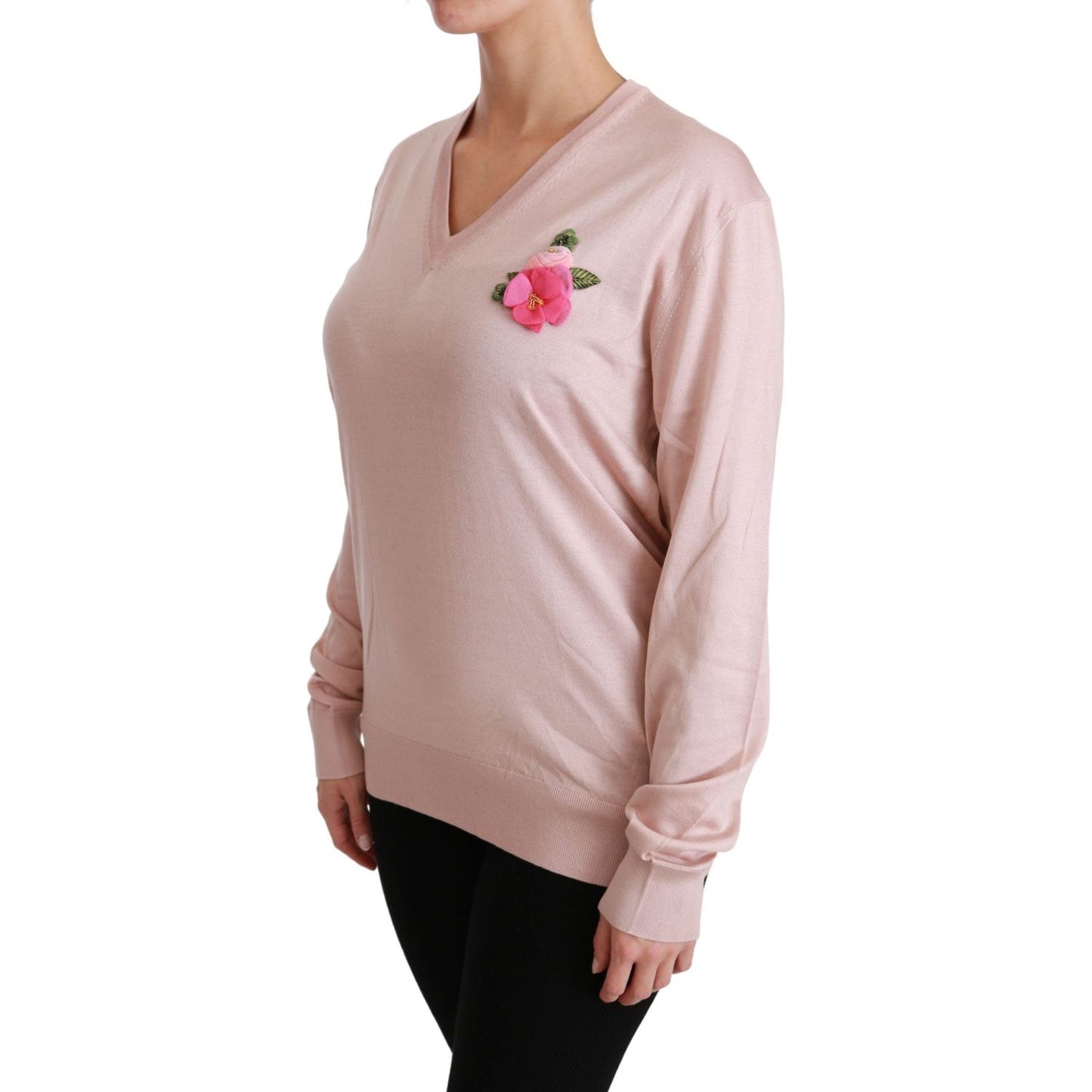 Dolce & Gabbana Pink Floral Embellished Pullover Silk Sweater Dolce & Gabbana