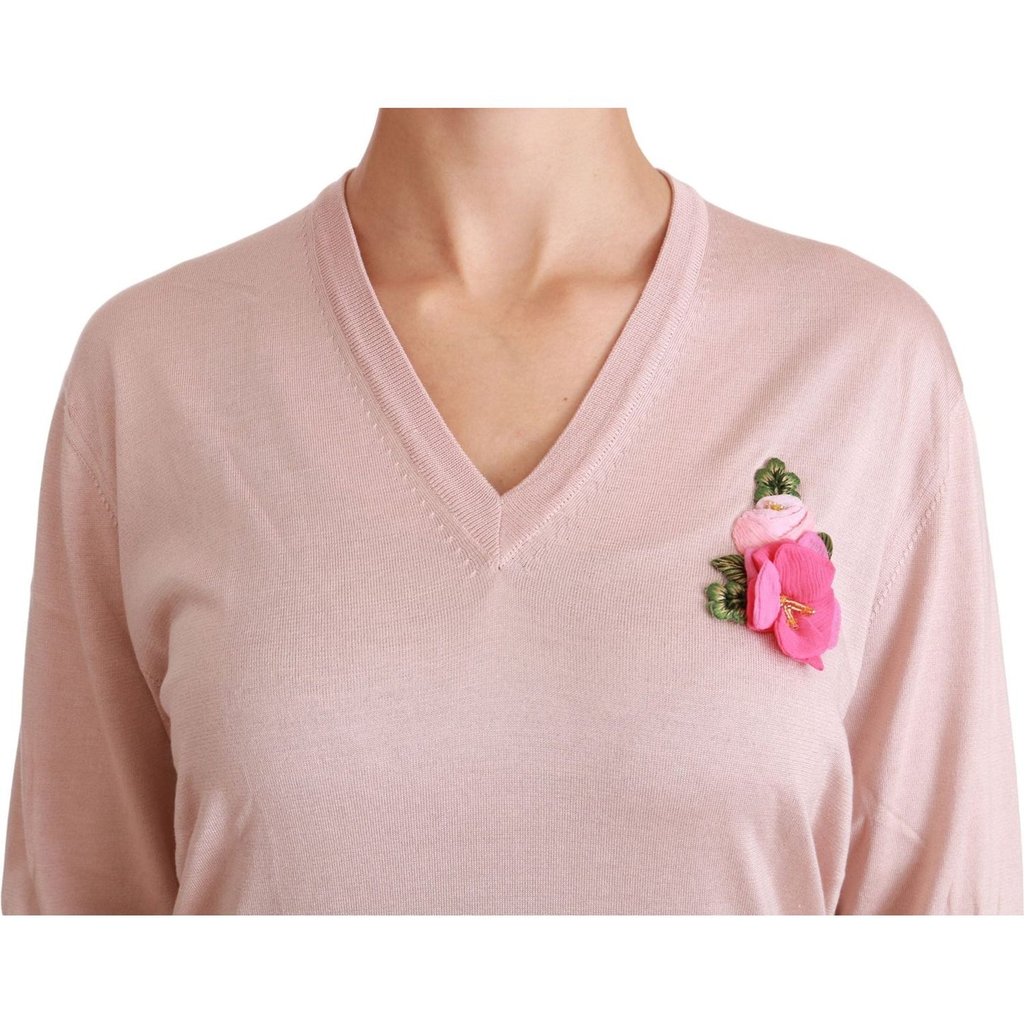 Dolce & Gabbana Pink Floral Embellished Pullover Silk Sweater Dolce & Gabbana