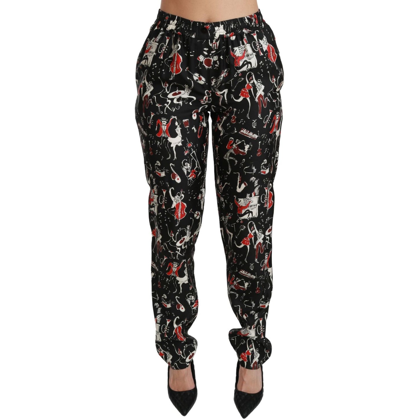 Dolce & Gabbana Black Silk Instrument Mid Waist Pants Dolce & Gabbana