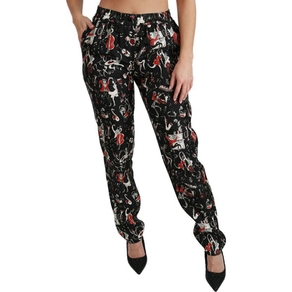 Dolce & Gabbana Black Silk Instrument Mid Waist Pants Dolce & Gabbana