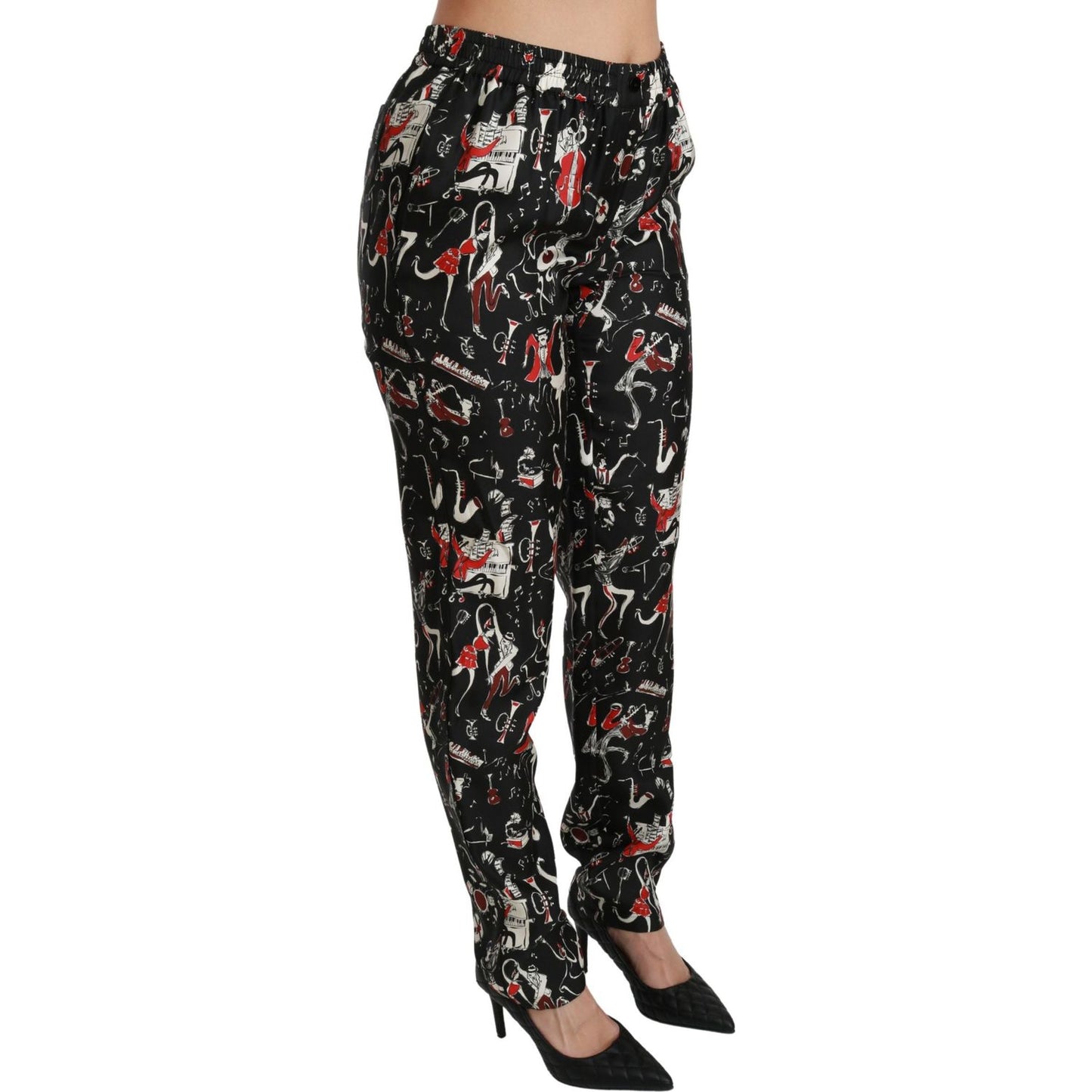 Dolce & Gabbana Black Silk Instrument Mid Waist Pants Dolce & Gabbana