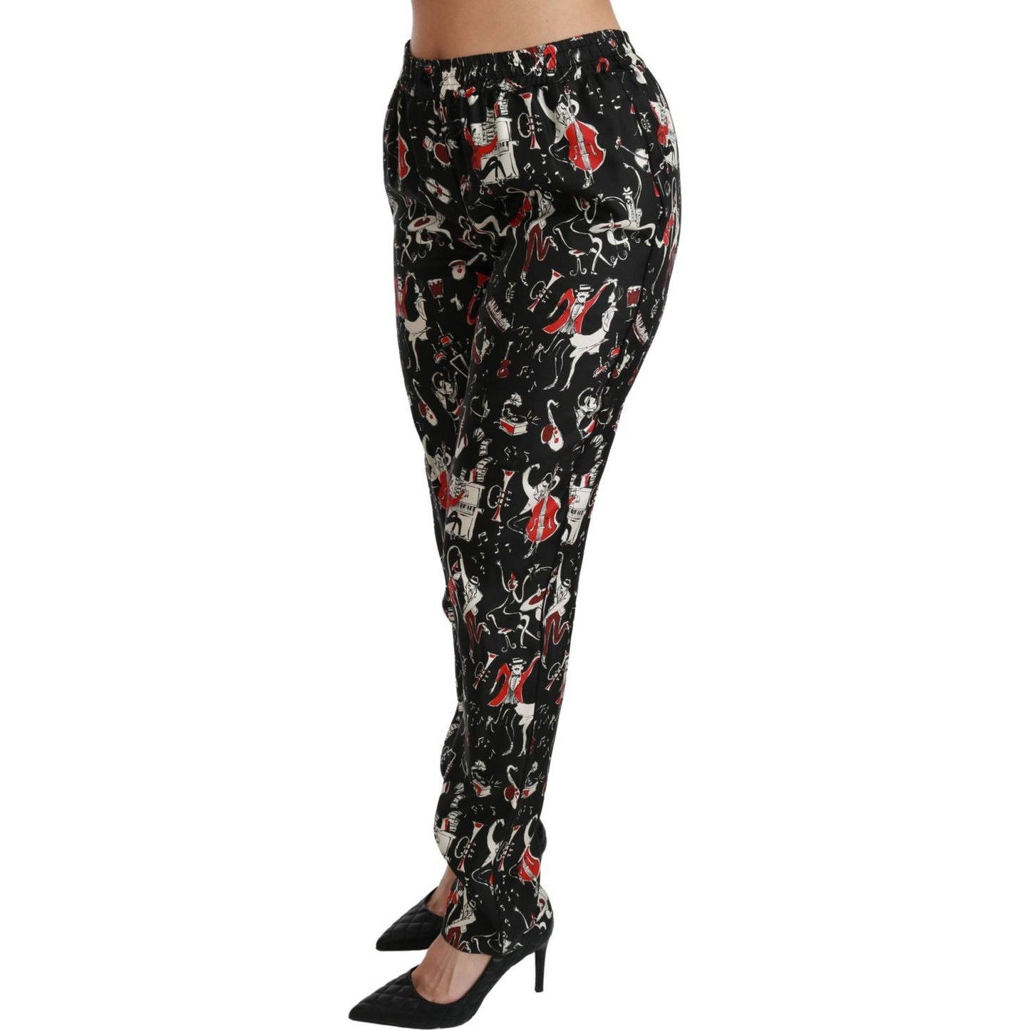 Dolce & Gabbana Black Silk Instrument Mid Waist Pants Dolce & Gabbana