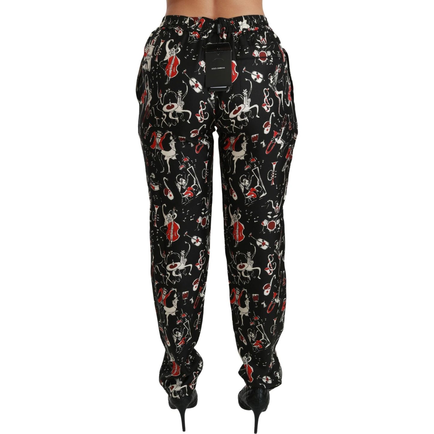 Dolce & Gabbana Black Silk Instrument Mid Waist Pants Dolce & Gabbana