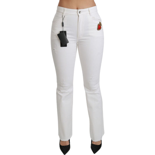 Dolce & Gabbana White Heart Flared Stretch Cotton Pants Dolce & Gabbana