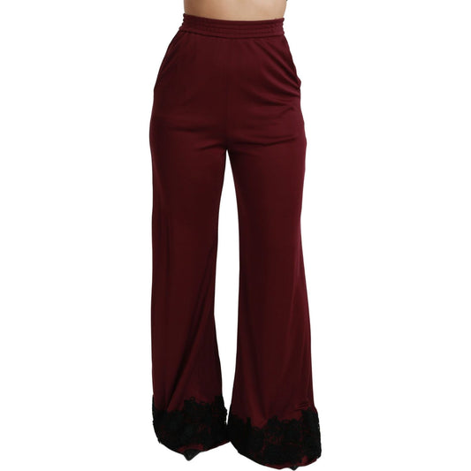 Dolce & Gabbana Black Lace High Waist Wide Leg Maroon Pants Dolce & Gabbana