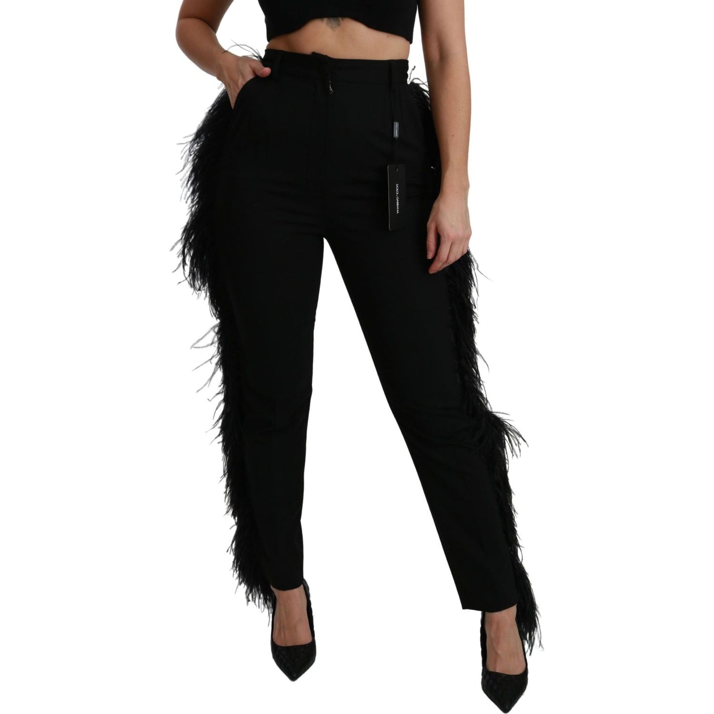 Dolce & Gabbana Black Feather Straight High Waist Wool Pants Dolce & Gabbana