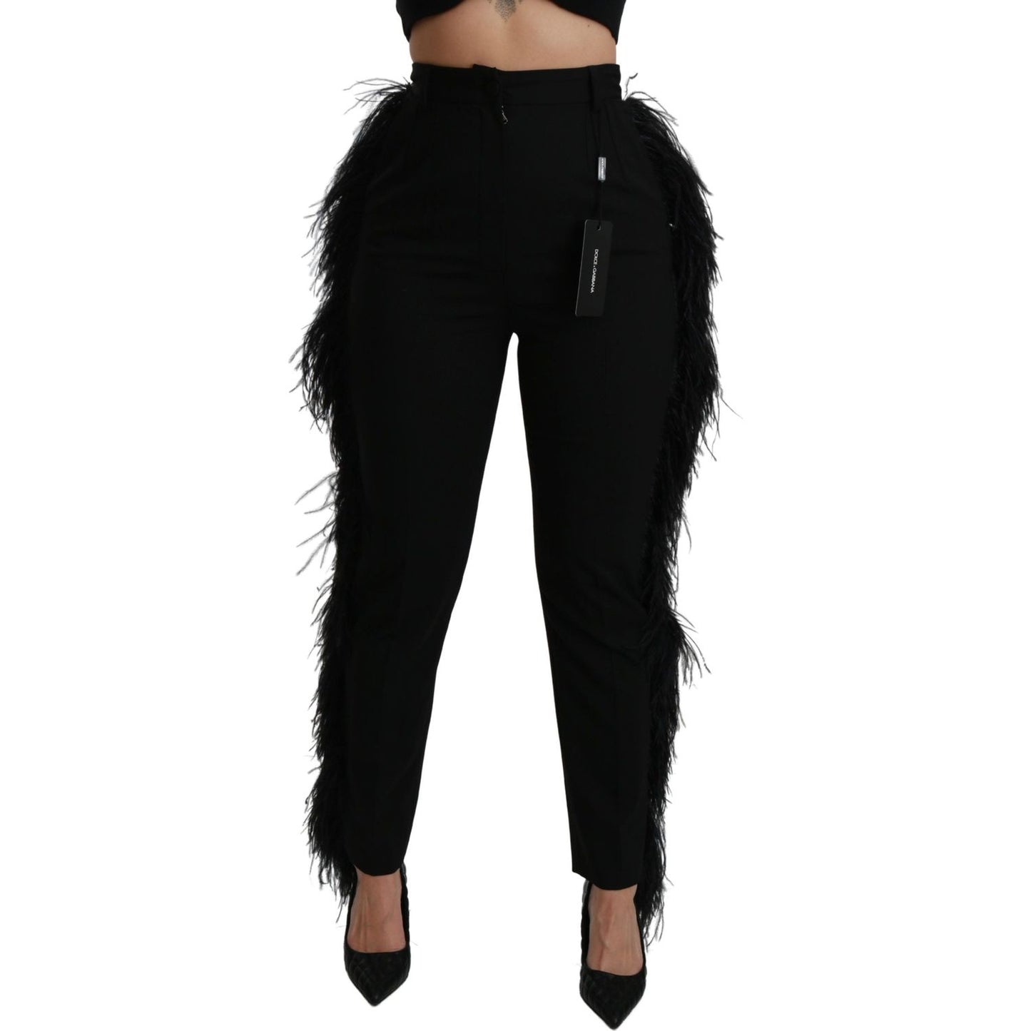 Dolce & Gabbana Black Feather Straight High Waist Wool Pants Dolce & Gabbana
