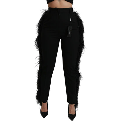 Dolce & Gabbana Black Feather Straight High Waist Wool Pants Dolce & Gabbana