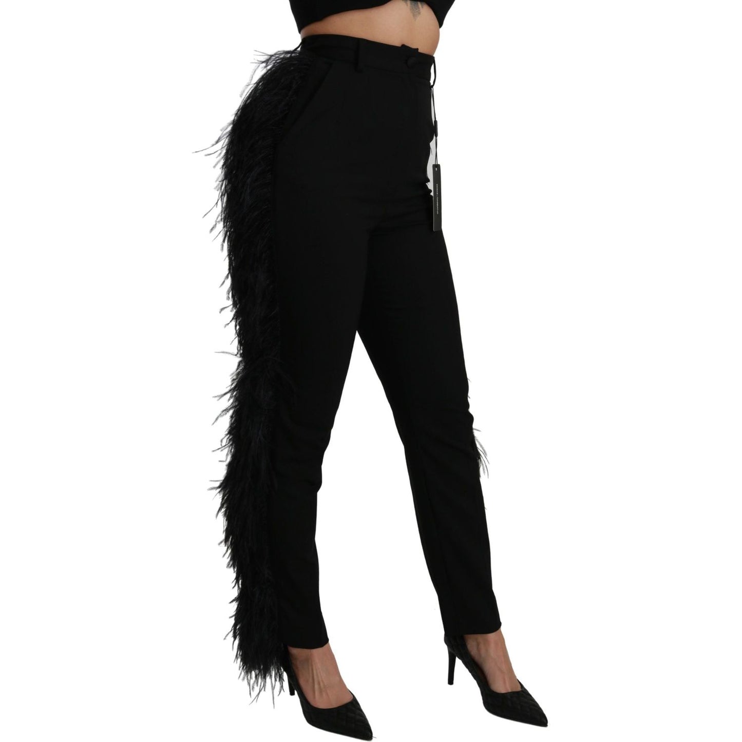 Dolce & Gabbana Black Feather Straight High Waist Wool Pants Dolce & Gabbana