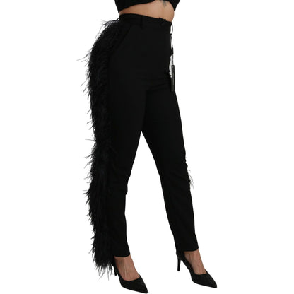 Dolce & Gabbana Black Feather Straight High Waist Wool Pants Dolce & Gabbana