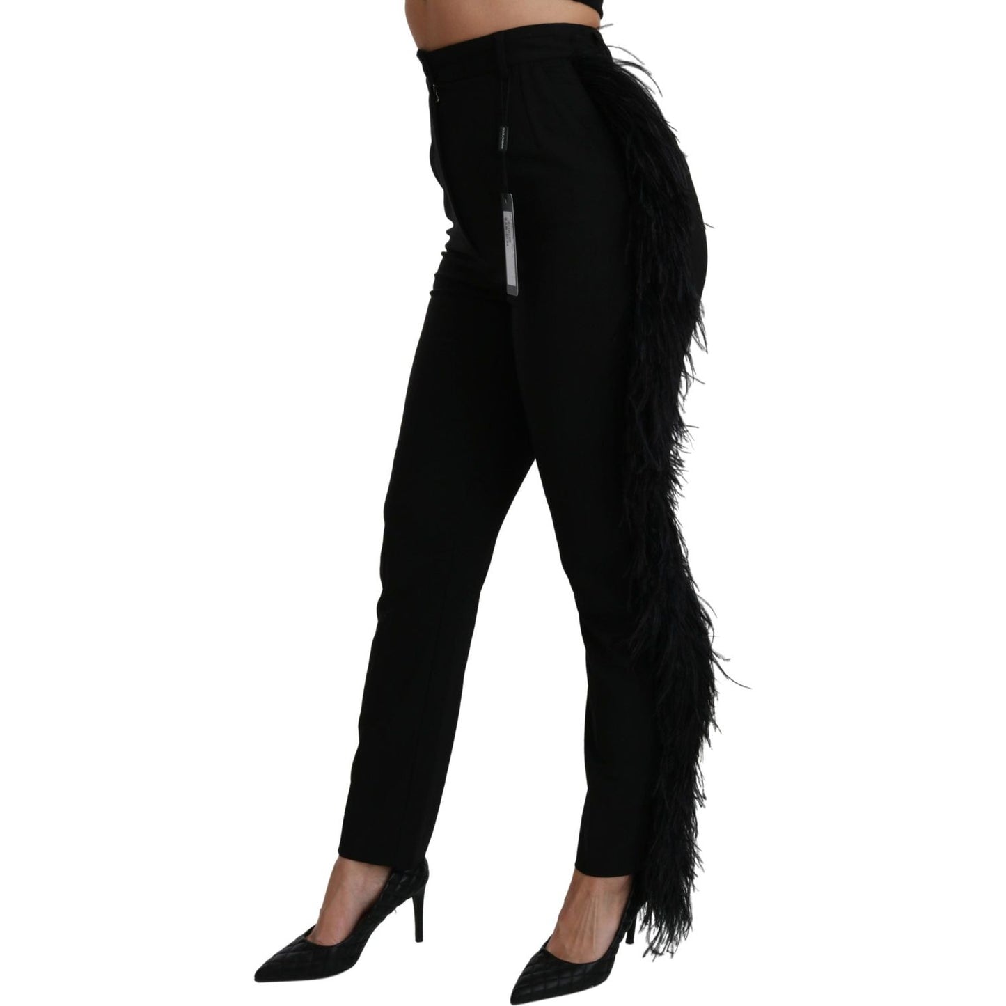 Dolce & Gabbana Black Feather Straight High Waist Wool Pants Dolce & Gabbana