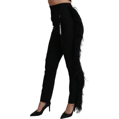 Dolce & Gabbana Black Feather Straight High Waist Wool Pants Dolce & Gabbana