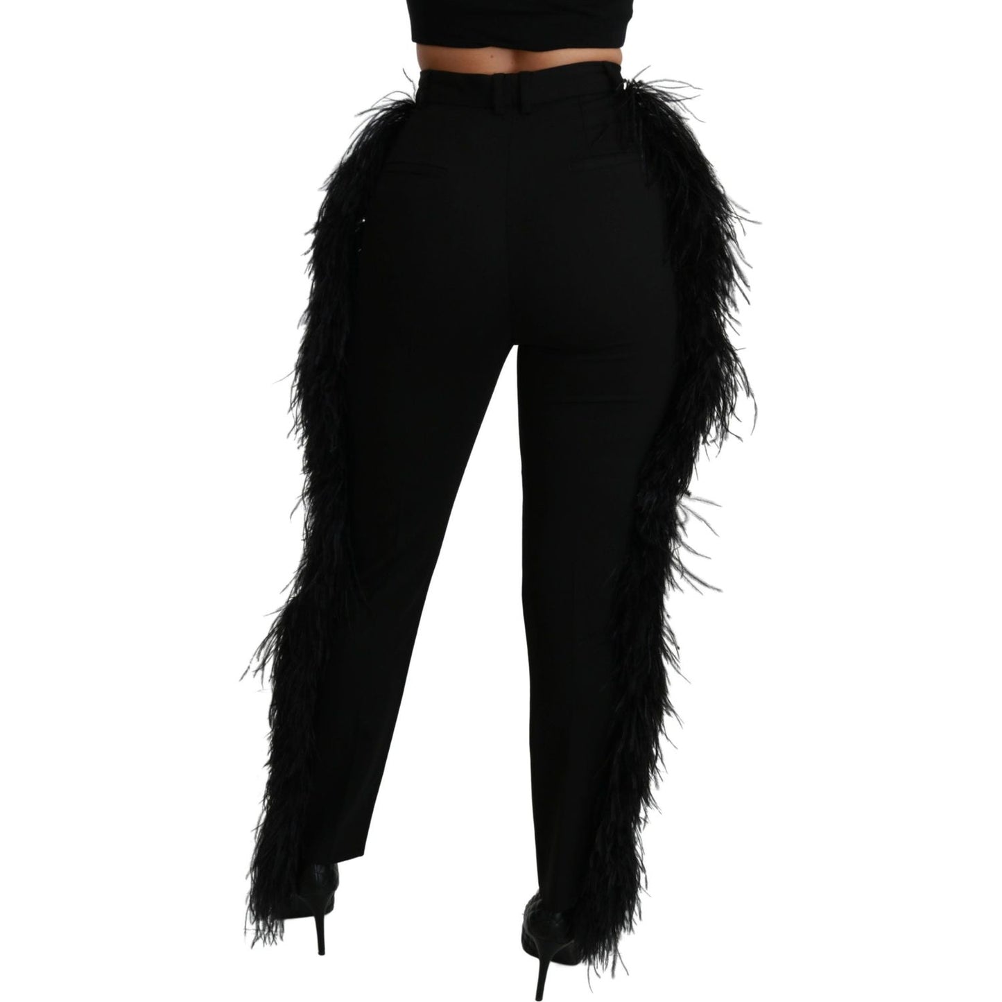 Dolce & Gabbana Black Feather Straight High Waist Wool Pants Dolce & Gabbana
