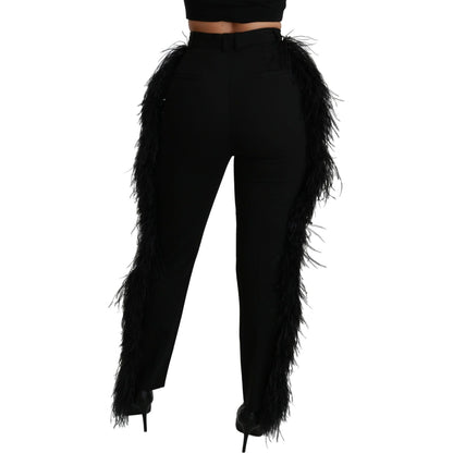 Dolce & Gabbana Black Feather Straight High Waist Wool Pants Dolce & Gabbana