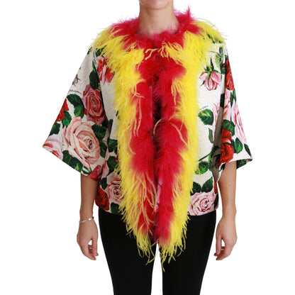 Dolce & Gabbana White Floral Coat Capte Fur Roses Jacket 1728,67345645728,Clothing,Coats - Jackets & Coats - Clothing,Dolce & Gabbana,IT40|S,Jackets & Coats - Clothing,Jackets & Coats - Women - Clothing,Material: 64% Viscose 36% Cotton,New with tags,White