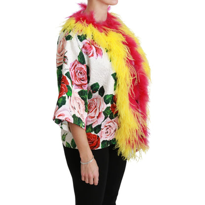 Dolce & Gabbana White Floral Coat Capte Fur Roses Jacket 1728,67345645728,Clothing,Coats - Jackets & Coats - Clothing,Dolce & Gabbana,IT40|S,Jackets & Coats - Clothing,Jackets & Coats - Women - Clothing,Material: 64% Viscose 36% Cotton,New with tags,White