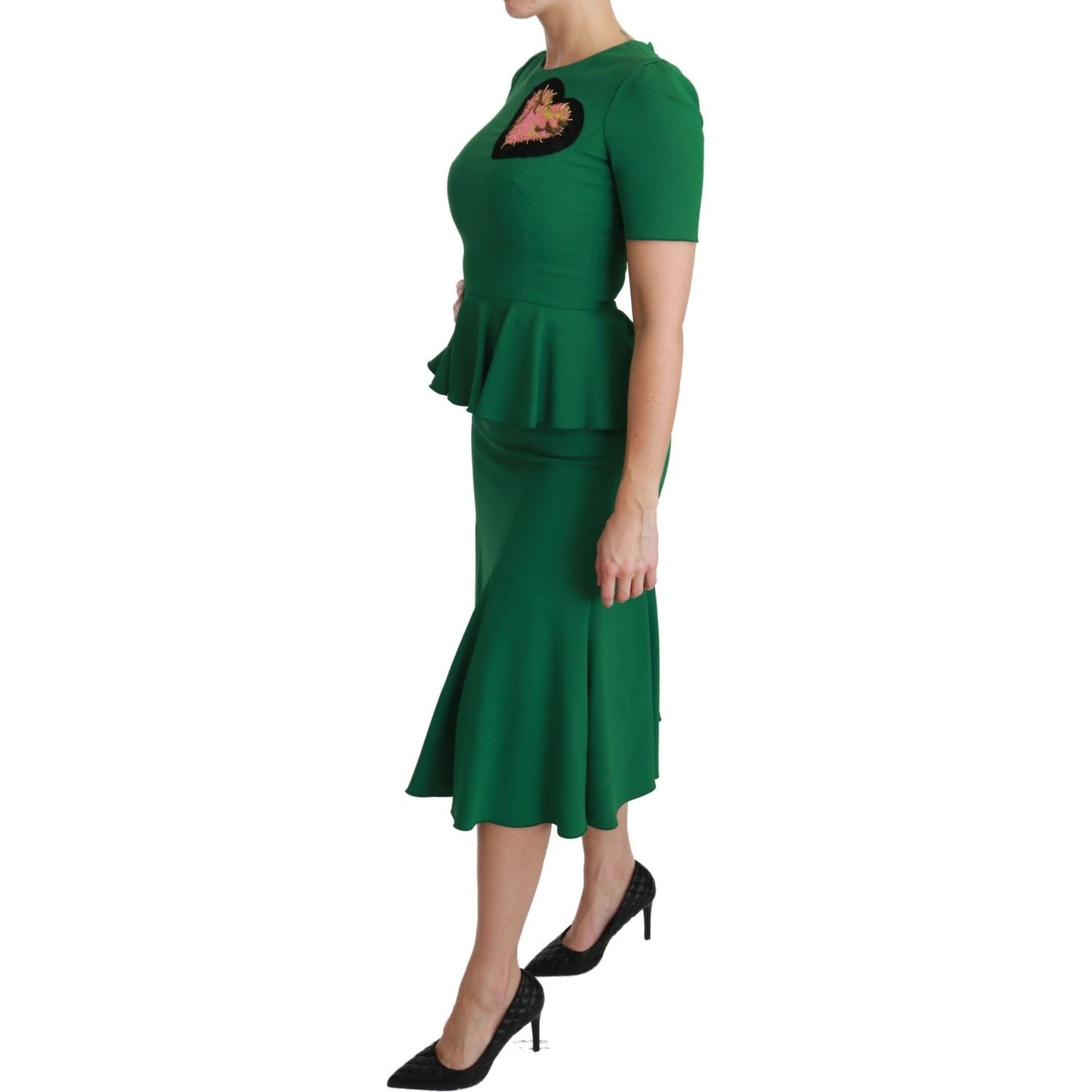 Dolce & Gabbana Green Heart Patch Mermaid Midi Viscose Dress Dolce & Gabbana