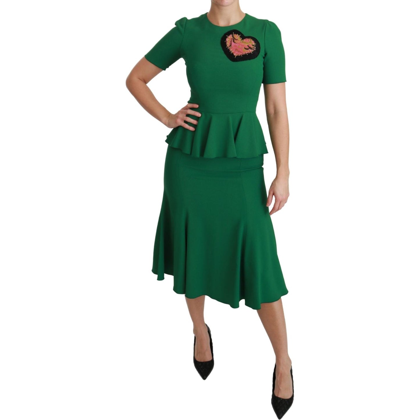 Dolce & Gabbana Green Heart Patch Mermaid Midi Viscose Dress Dolce & Gabbana