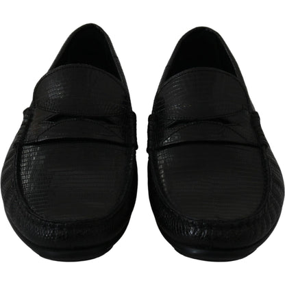 Dolce & Gabbana Black Lizard Leather Flat Loafers Shoes Dolce & Gabbana