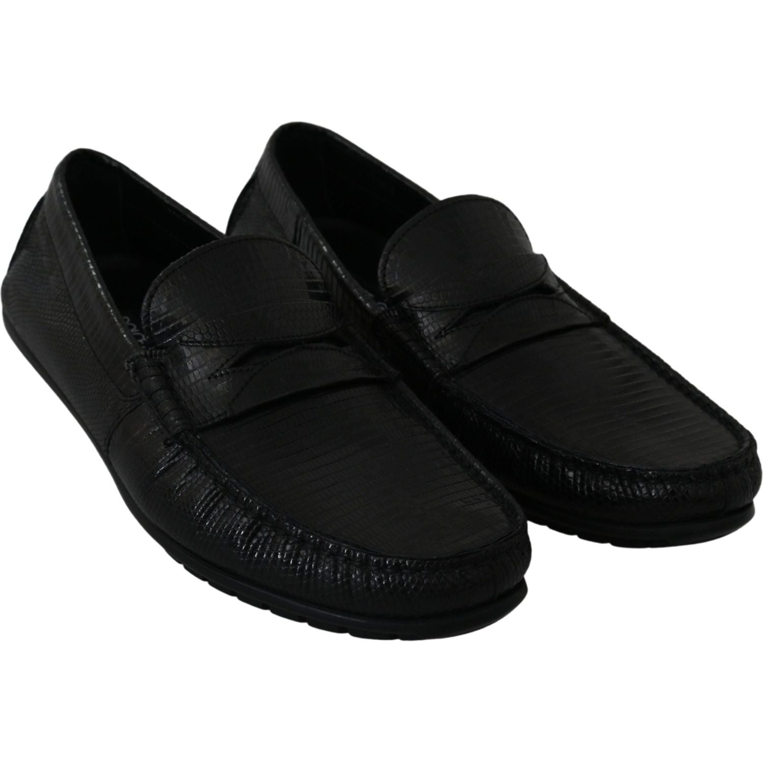 Dolce & Gabbana Black Lizard Leather Flat Loafers Shoes