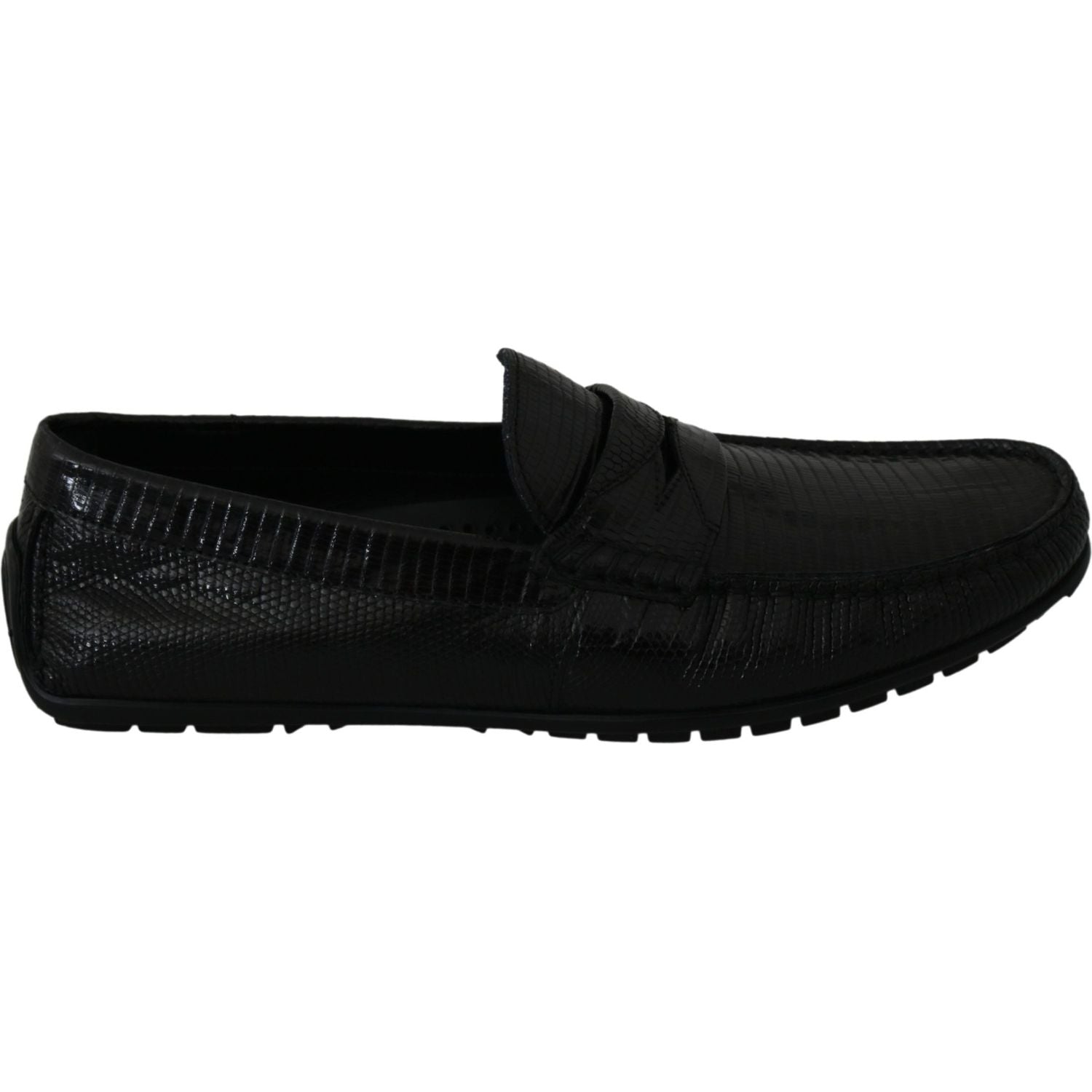 Dolce & Gabbana Black Lizard Leather Flat Loafers Shoes
