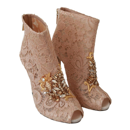 Dolce & Gabbana Pink Crystal Lace Booties Stilettos Shoes