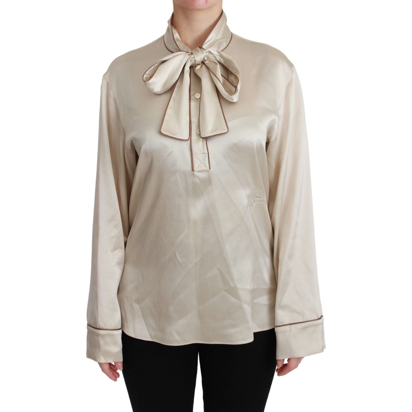 Dolce & Gabbana Beige Sleeve Top Queen Silk Satin Blouse Dolce & Gabbana
