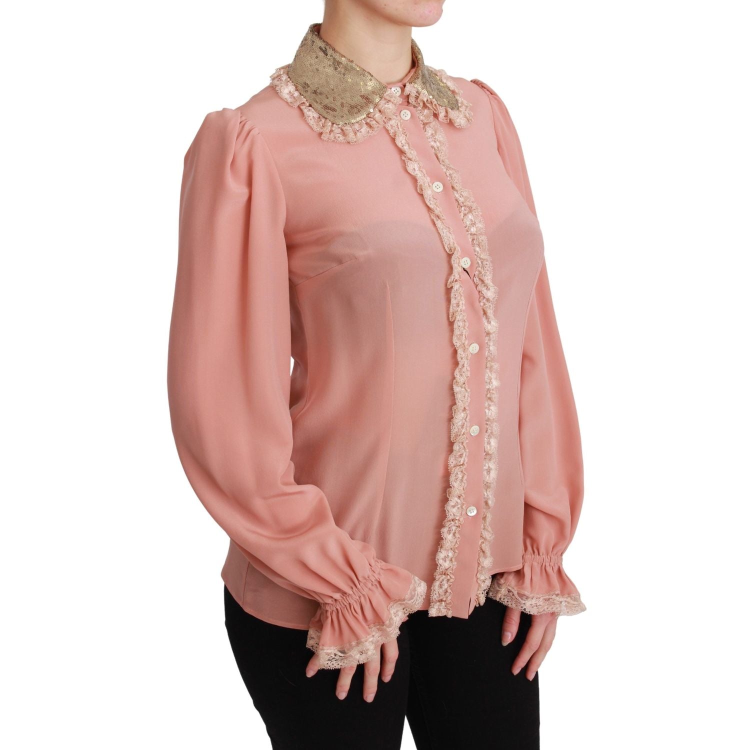 Dolce & Gabbana Pink Silk Gold Sequin Lace Blouse Shirt