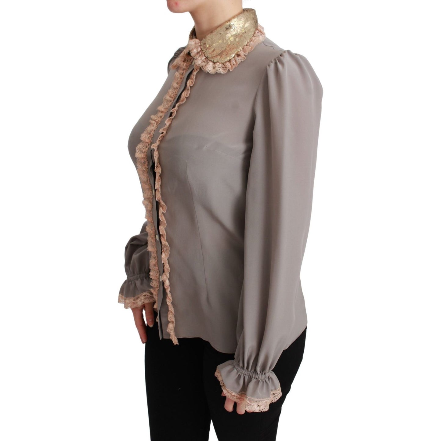 Dolce & Gabbana Gray Silk Gold Sequin Lace Blouse Shirt Dolce & Gabbana