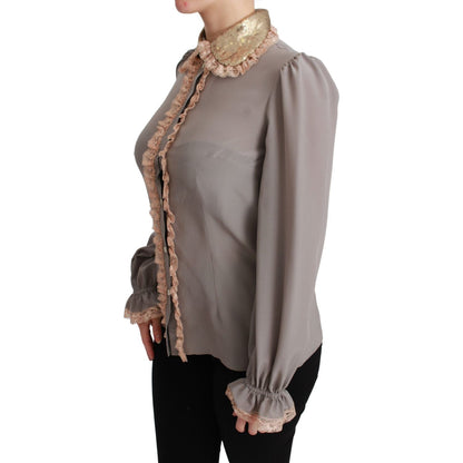 Dolce & Gabbana Gray Silk Gold Sequin Lace Blouse Shirt Dolce & Gabbana