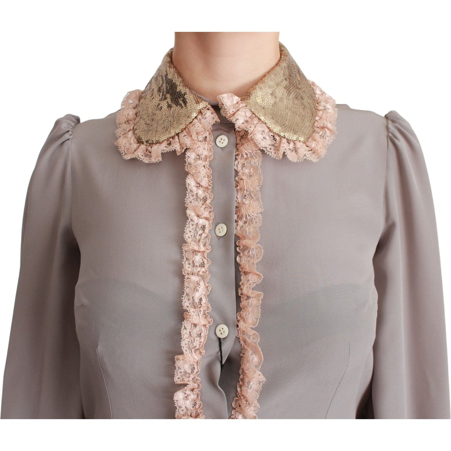 Dolce & Gabbana Gray Silk Gold Sequin Lace Blouse Shirt Dolce & Gabbana